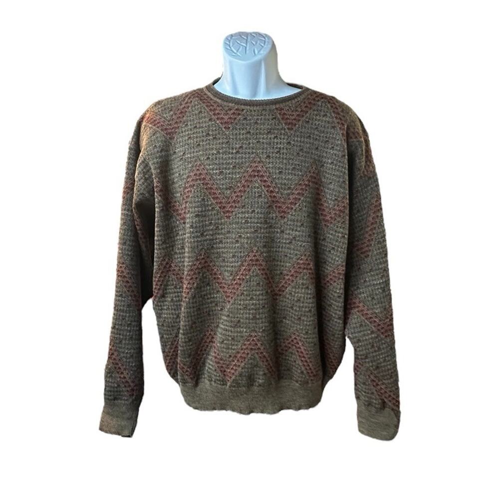 Neiman Marcus Men’s Wool Crewneck Sweater XL Earth Tone Chevron